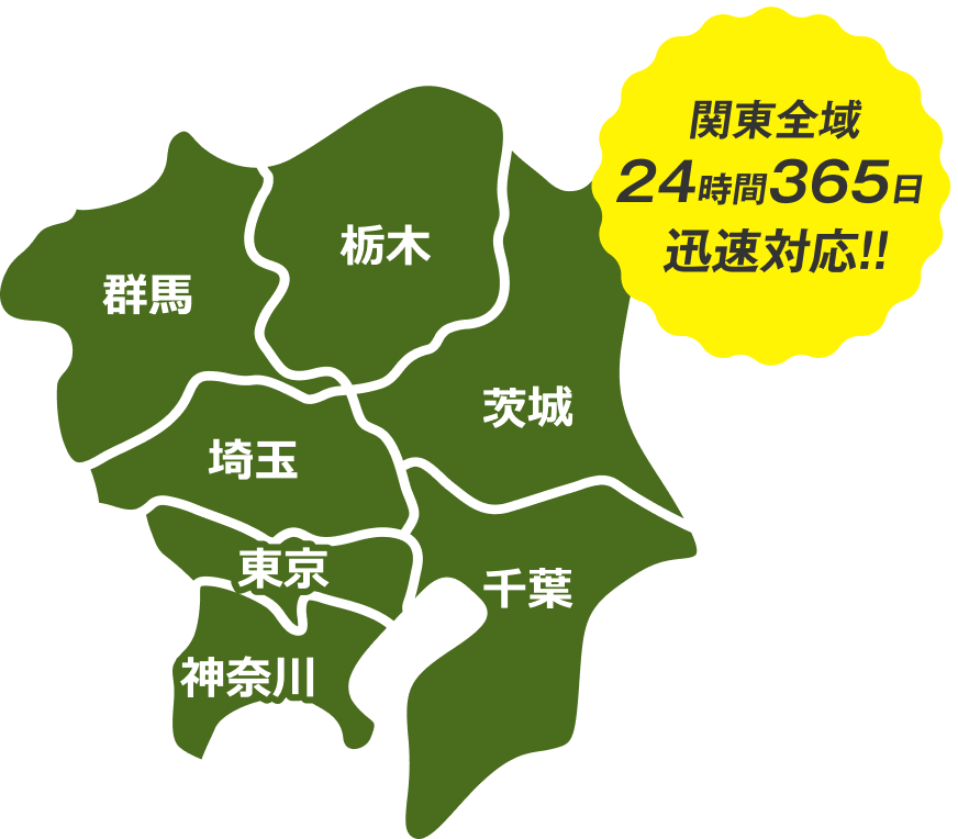 関東全域：東京・神奈川・千葉・埼玉・茨城・群馬・栃木。24時間365日迅速対応。