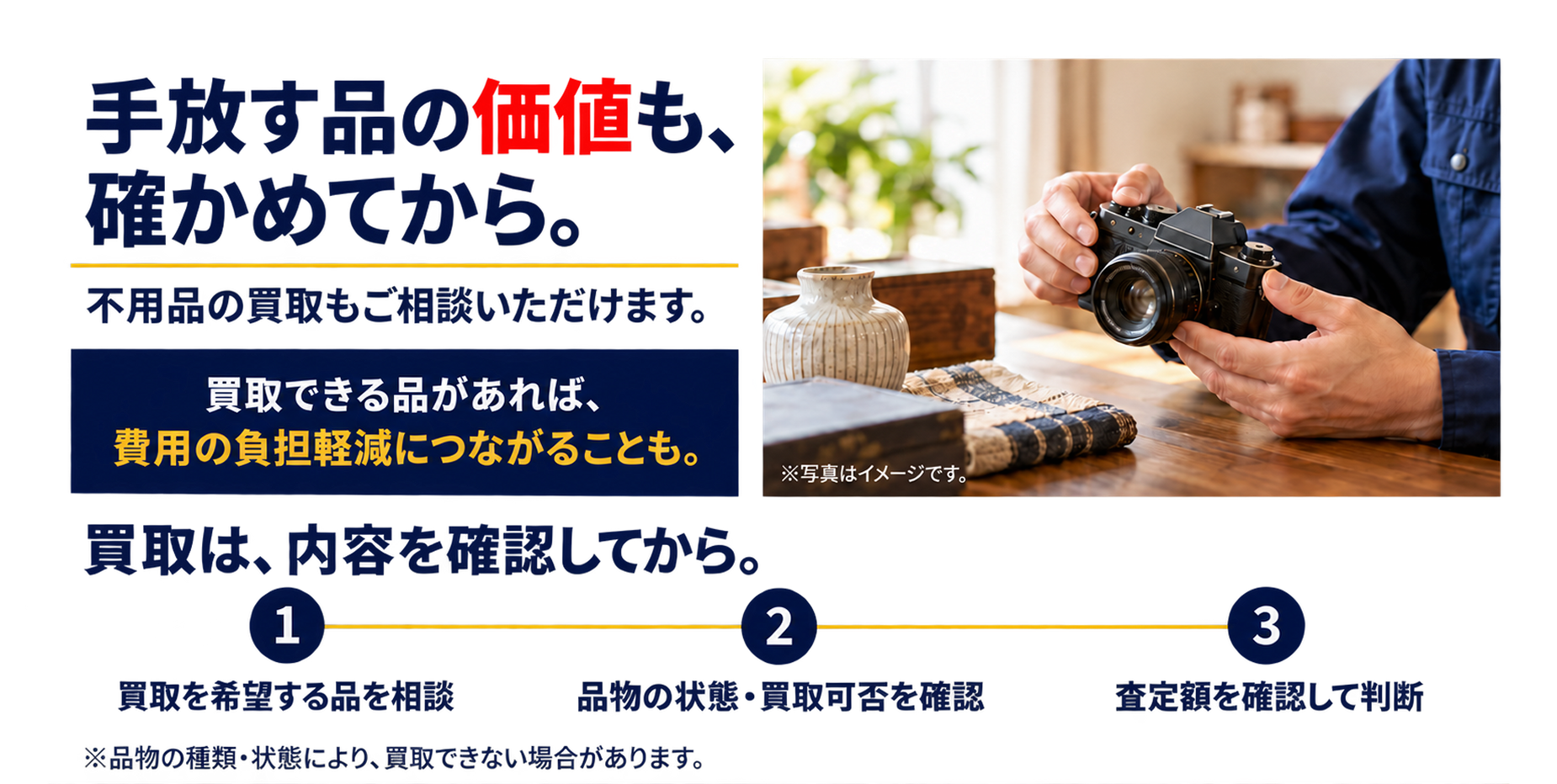 不用品の買取もご相談いただけます。買取を希望する品をご相談、品物の状態・買取可否を確認、査定額をご確認してご判断ください。品物の種類・状態により買取できない場合があります。
